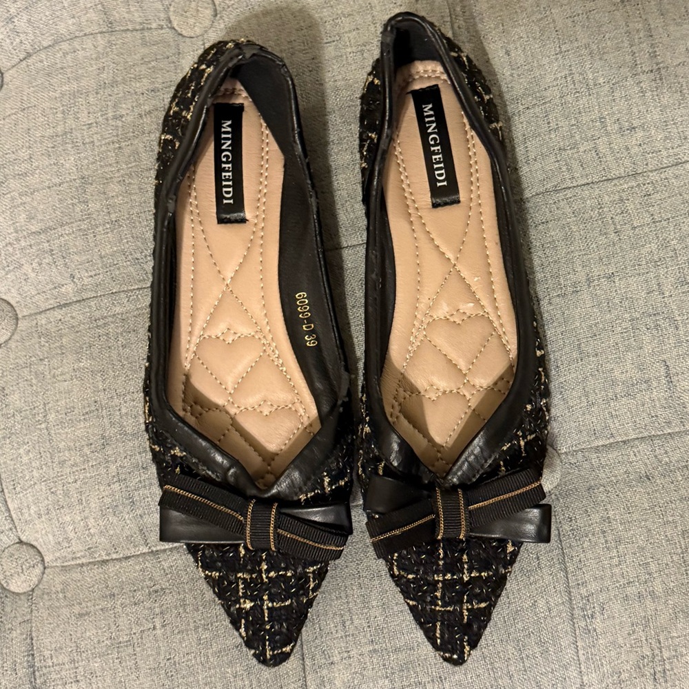 MINGFEIDI Black & Gold Ballet Pointed Toe Tweed Women's Flats💎EUC size 8.5